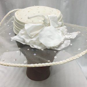 White Whittall & Shon Lace Hat with White Flower & Pearls, One Size